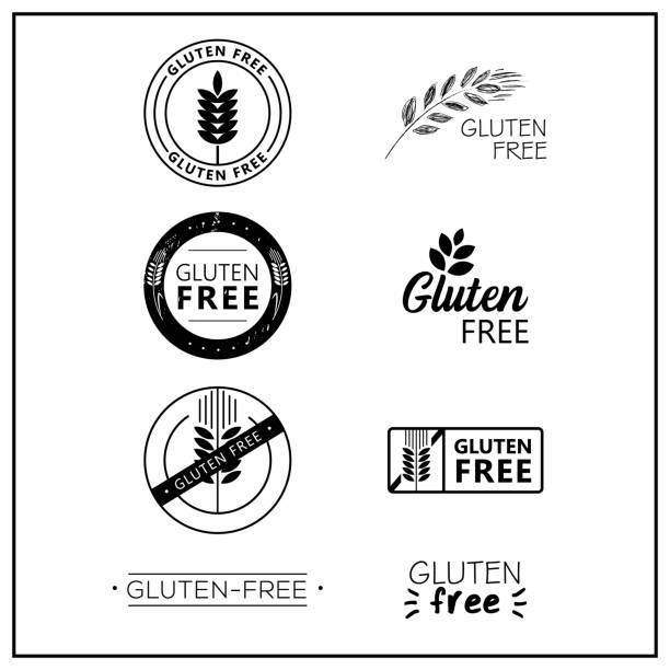 gluten-free vector logos Gluten free drawn isolated sign icon set. Healthy lettering symbol of gluten free. Black and white gluten-free vector logos for products. gluten free stock illustrations