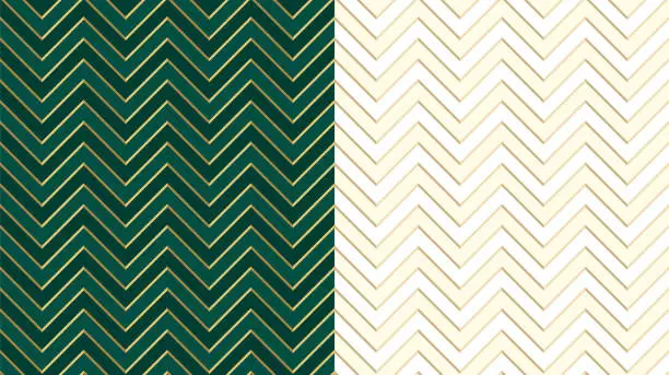 Vector illustration of Chevron zig zag emerald (dark green) seamless pattern with golden lines. Cute ivory background in light halftone.
