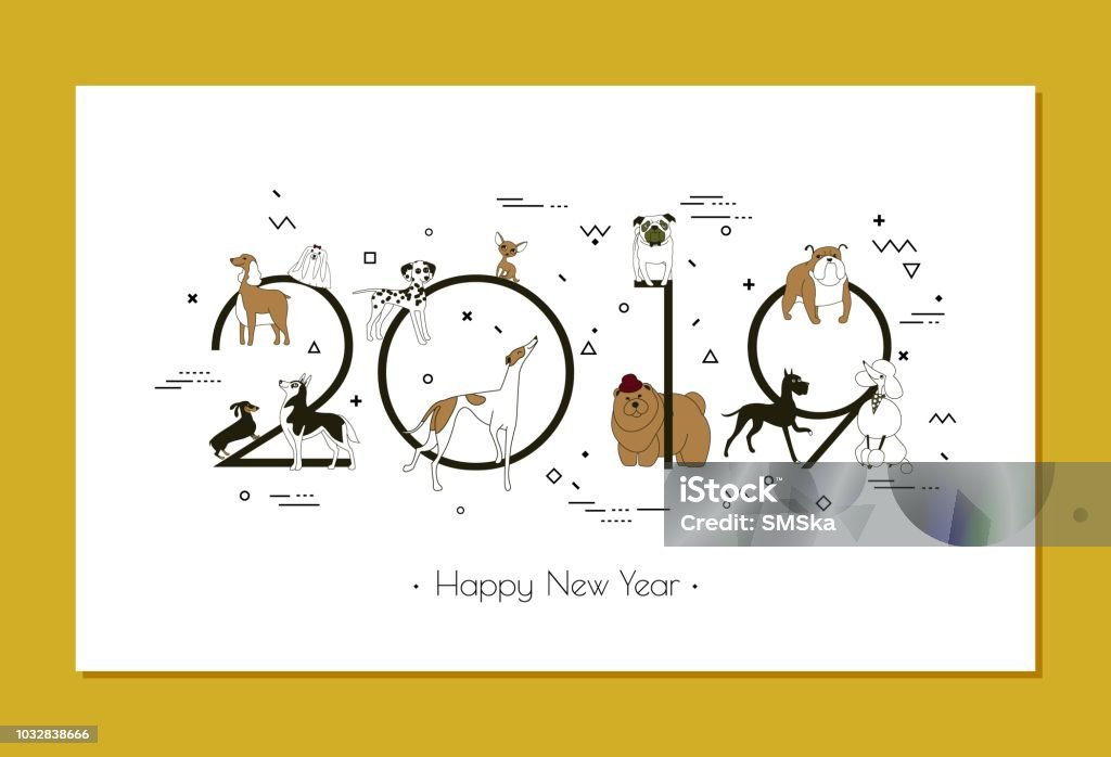 Banner in breeds of dogs 2019, Happy New Year, calendar Banner in breeds of dogs 2019, Happy New Year, calendar, Memphis style, Isolated on white background, Banner can be used for advertising, greetings, sale, Vector illustration Greyhound stock vector