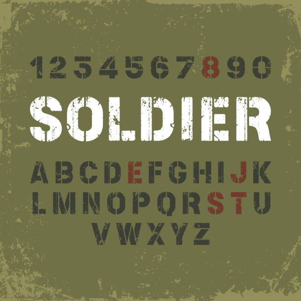 ilustrações de stock, clip art, desenhos animados e ícones de stencil font in military style - army