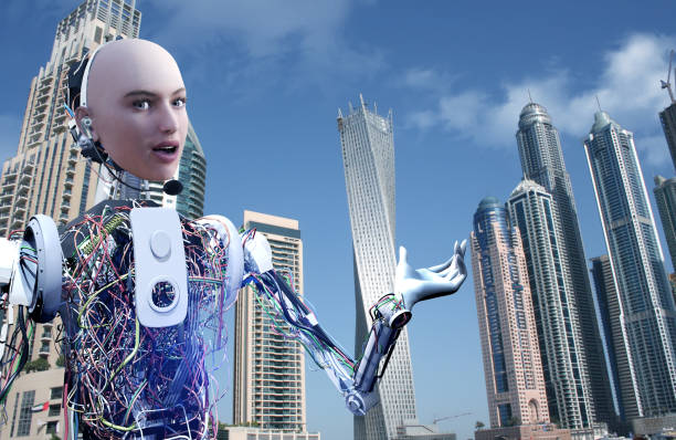 Human face presenter cyborg is presenting Dubai City.Background image is from my istock portfolio. Image no: 503222254