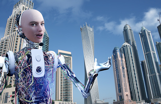 Human face presenter cyborg is presenting Dubai City.\n\nBackground image is from my istock portfolio. Image no: 503222254