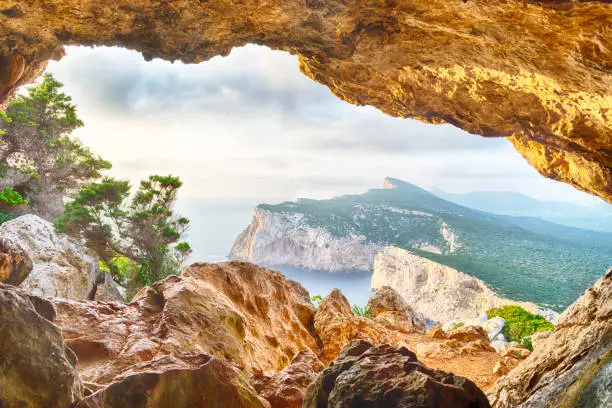 landscape of sardinian coast viewed from vasi rotti cave