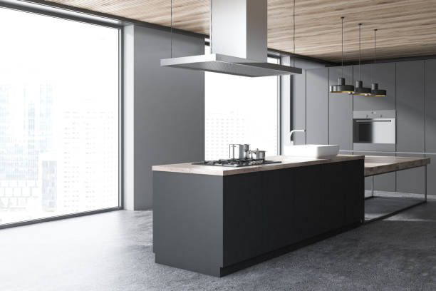 istock Dark gray loft kitchen corner, wooden ceiling 1032858600
