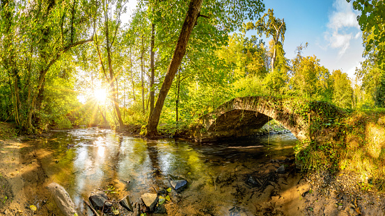 Old bridge over a creek in the forest with bright sun shining throug the trees