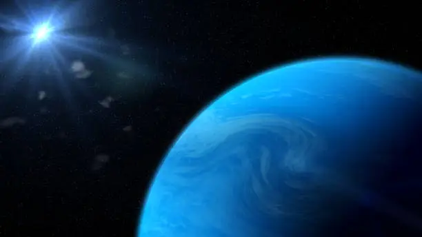 blue alien planet orbiting a distant Sun