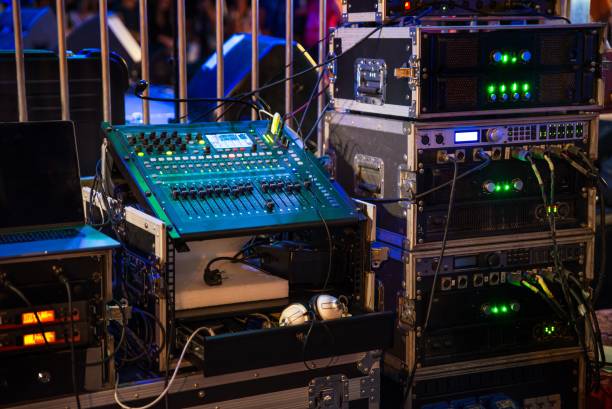 istock Music audio amplifiers and dj mixing console 1032877046