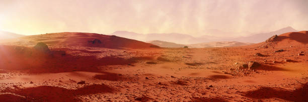 istock landscape on planet Mars, scenic desert on the red planet (3d space rendering banner) 1032885144