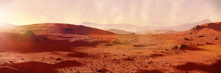 beautiful martian landscape panorama banner, desert in outer space