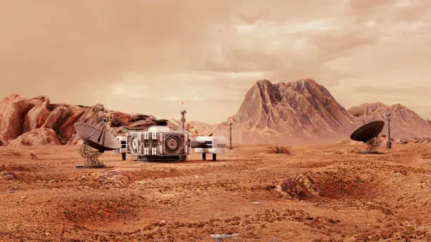 Photo of base on Mars, first colonization, martian colony in desert landscape on the red planet