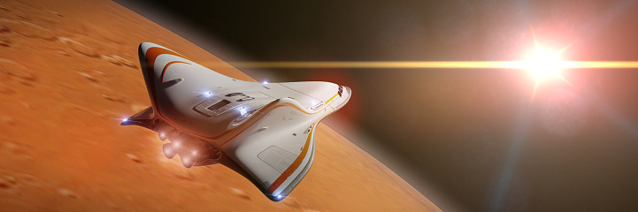 artist's impression of a futuristic space ship, conceptual starship reaching the red planet Mars, science fiction scene panorama banner