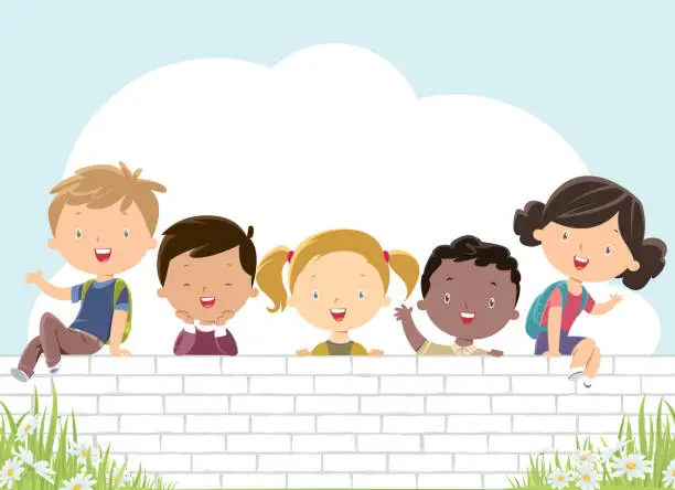 Vector illustration of Happy kids on the white wall