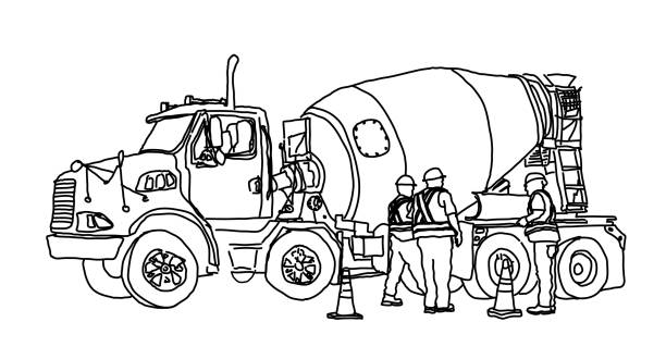 Cement Truck Worker Sketch Line art illustration of a cement truck and construction workers mixing cement stock illustrations