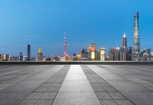 empty pavement front of shanghai skyline,shanghai,china,asia.