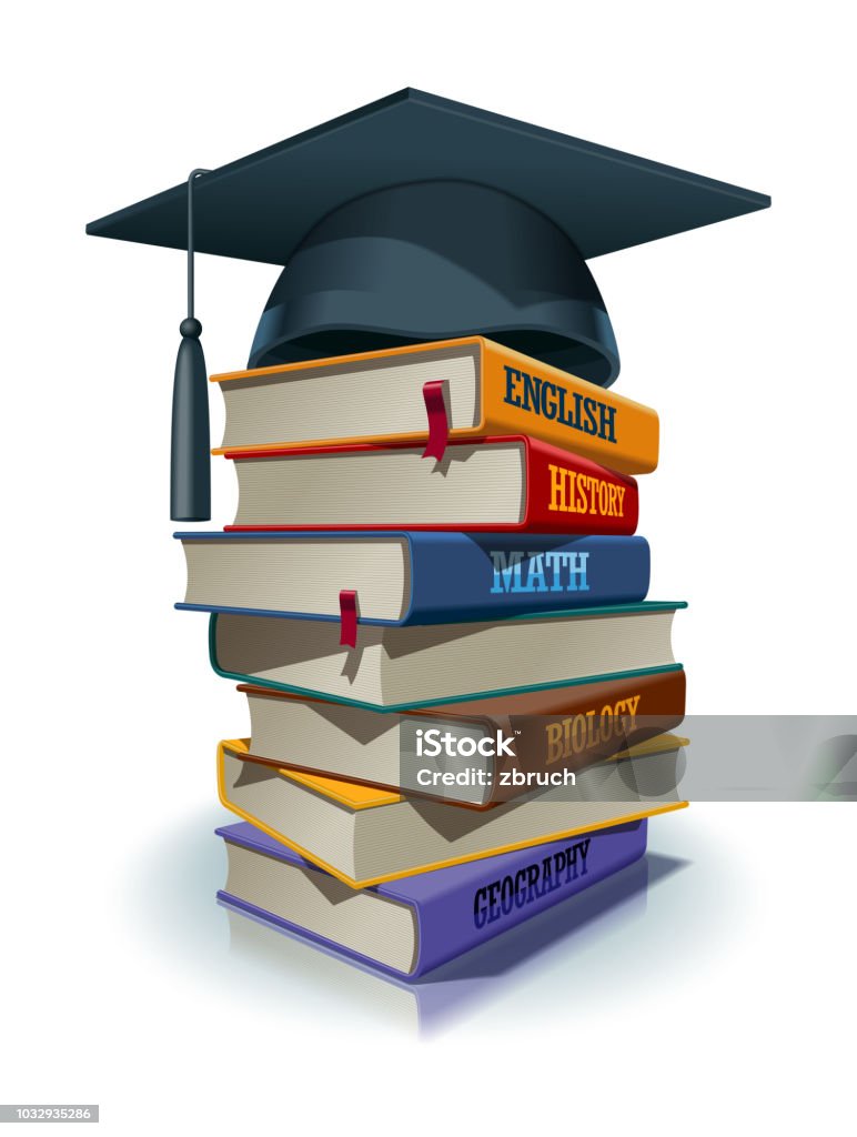 Mortarboard on top of stack of books Graduation mortarboard on top of stack of books. Realistic vector illustration. Education stock vector