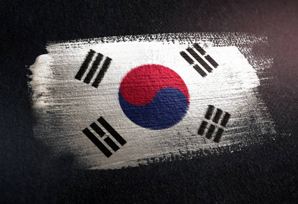 금속 브러쉬 그런 지 어두운 벽에 페인트로 만든 한국 국기 - 태극기 뉴스 사진 이미지