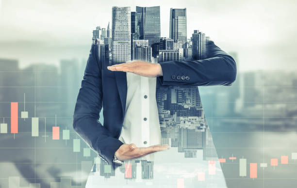 istock Surreal businessman open hand for your text. 1032955166