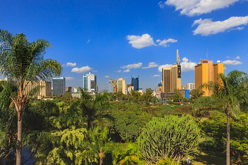 Nairobi, Kenya - March 05, 2011: Looking over the park, on to busy Kenyatta Avenue in downtown Nairobi the capital city of Kenya in East Africa. The tall building to the right has  Johnnie Walker advertisements on its sides. This is the Nairobi skyline. Photo shot in the afternoon sunlight; horizontal format. Copy space. Camera: Canon EOS 5D MII. Lens: Canon EF 70-200 mm F2.8L IS USM