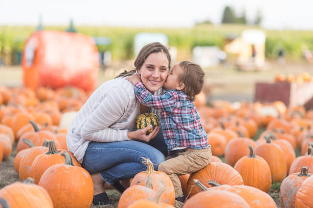 istock Mom and her little boy at the pumpkin patch 1032983294