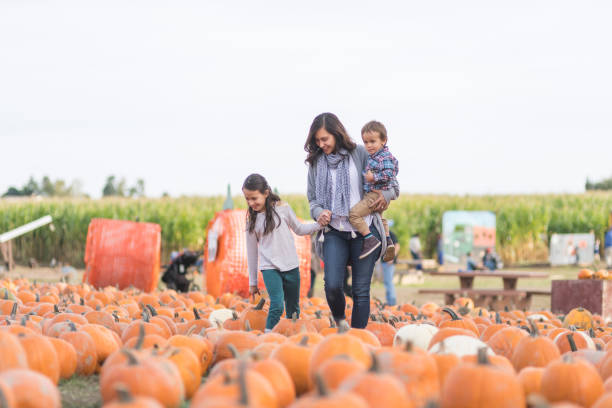 istock Beautiful ethnic mom and her daughters at a pumpkin farm 1032983306