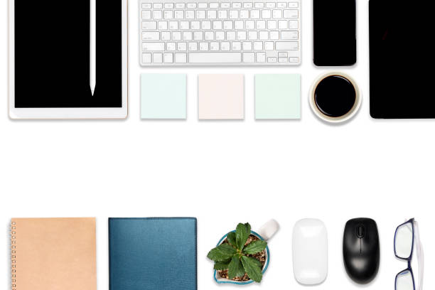 istock Flat lay photo of office table with laptop computer, digital tablet, mobile phone and accessories. on isolated white background. Desktop office mockup concept. 1032989758