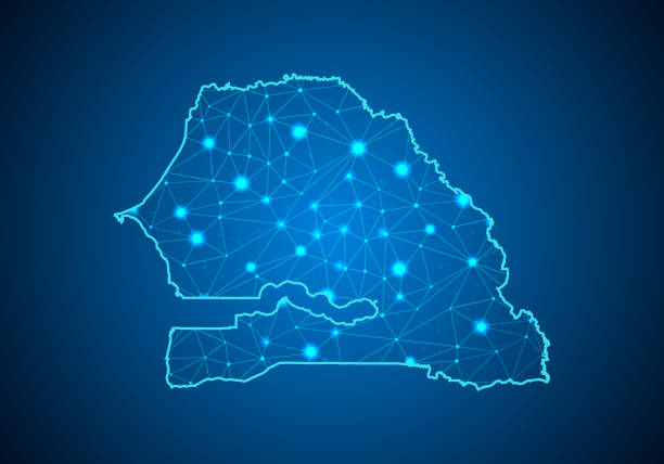 istock Abstract mash line and point scales on dark background with Map of senegal. Wire frame 3D mesh polygonal network line, design sphere, dot and structure. communications map of senegal. Vector. 1033008470