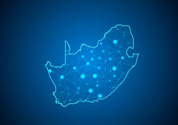 istock Abstract mash line and point scales on dark background with Map of South Africa. Wire frame 3D mesh polygonal network line, design sphere, dot and structure. communications map of South Africa. Vector. 1033010520