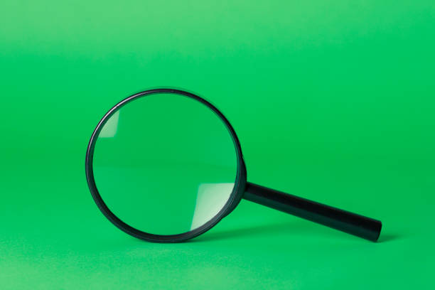 3D rendering pink color magnifying glass icon concept stock photo