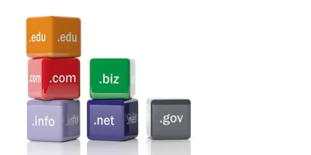 Photo of 3d rendering cubes with domain names on a white background