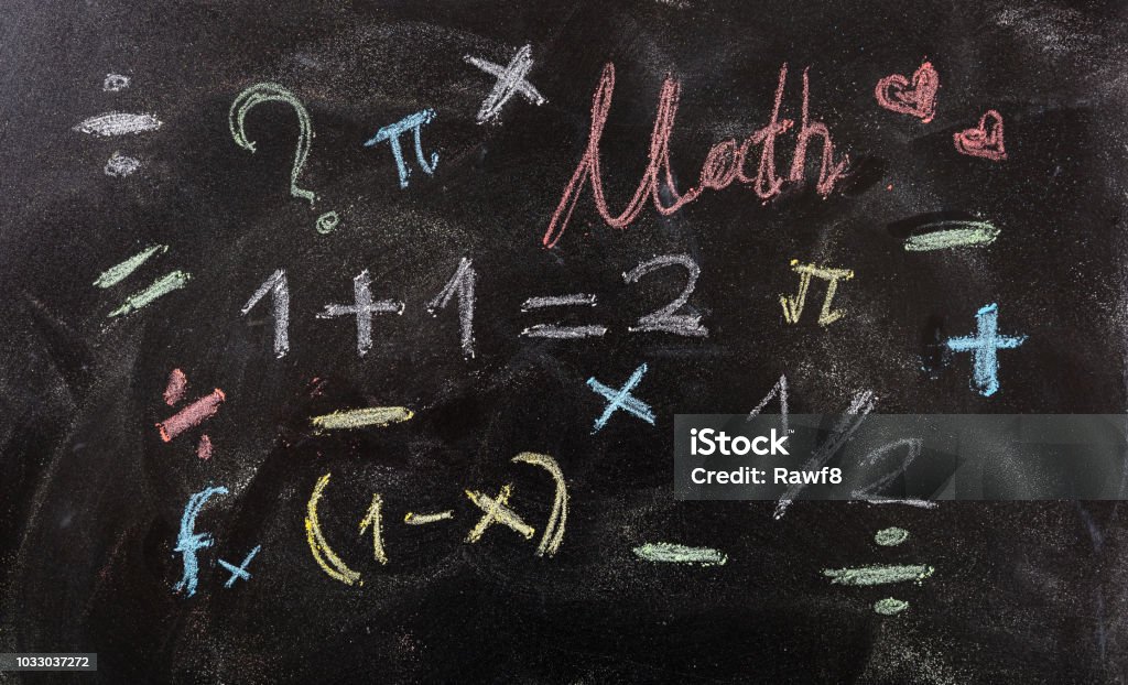 Math equations and symbols, isolated, on blackboard background. I love math concept. Math equations and symbols isolated, on blackboard background. Mathematics Stock Photo