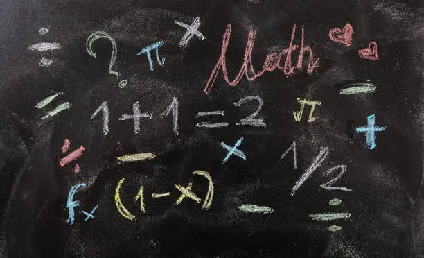 Photo of Math equations and symbols, isolated, on blackboard background.