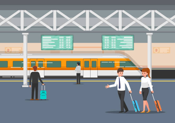 Business people in modern train station platform Business people in modern train station platform. Public transportation concept. train stations stock illustrations