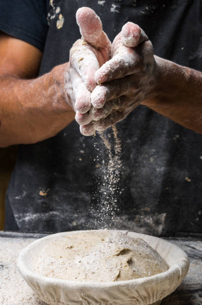 istock Male hands kneading dough on sprinkled 1033053114
