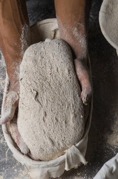 istock Male hands kneading dough on sprinkled 1033053544