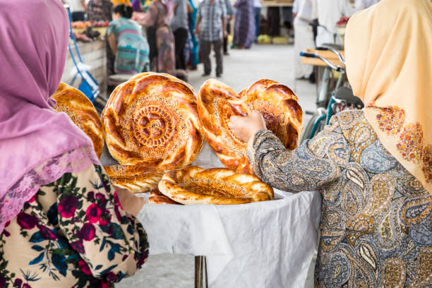 Traditional uzbekistan bread lavash at local bazaar, is a soft flat-bread of Middle Asia (Uzbekistan). stock photo