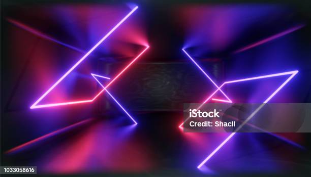 3d Render Glowing Lines Tunnel Neon Lights Virtual Reality Abstract Background Square Portal Arch Pink Blue Spectrum Vibrant Colors Laser Show Stock Photo - Download Image Now