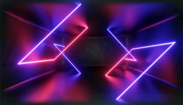 Photo of 3d render, glowing lines, tunnel, neon lights, virtual reality, abstract background, square portal, arch, pink blue spectrum vibrant colors, laser show