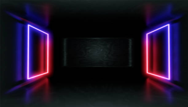 istock 3d render, glowing lines, tunnel, neon lights, virtual reality, abstract background, square portal, arch, pink blue spectrum vibrant colors, laser show 1033058622