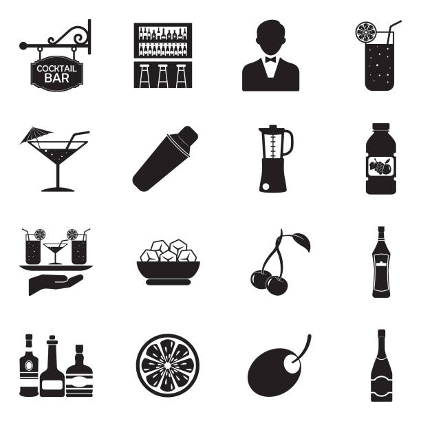 ilustraciones, imágenes clip art, dibujos animados e iconos de stock de iconos de cóctel. diseño plano negro. ilustración de vector. - bartender