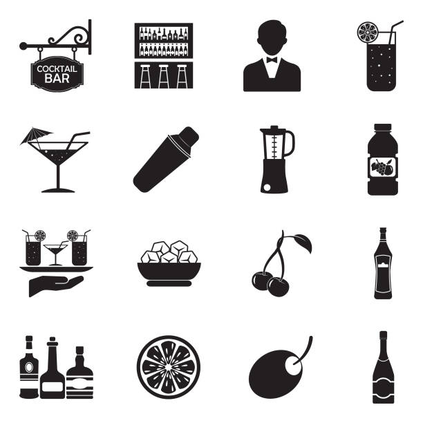 illustrazioni stock, clip art, cartoni animati e icone di tendenza di icone dei cocktail. design piatto nero. illustrazione vettoriale. - cocktail martini olive vodka