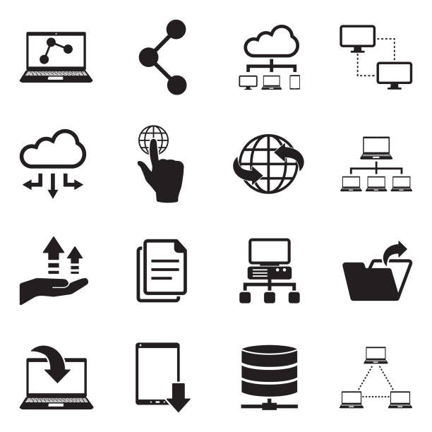 ilustrações, clipart, desenhos animados e ícones de ícones de compartilhamento de dados. projeto liso preto. ilustração em vetor. - wireless technology transfer image cloud symbol