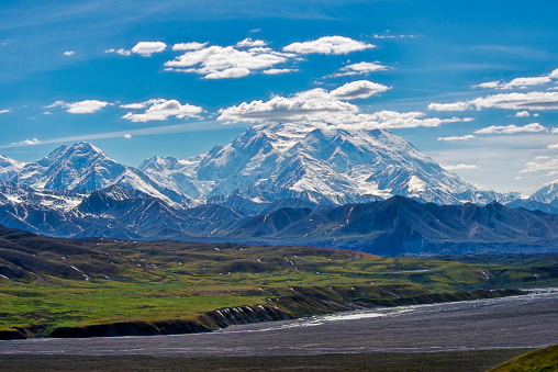 Denali, formerly Mt McKinley in the snow of early summer.