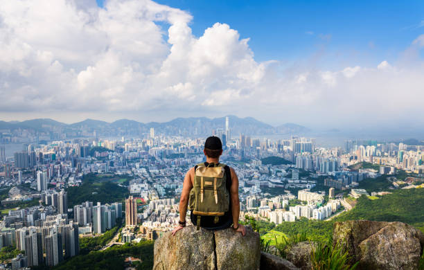 男獅子岩からの香港の景色 - hong kong skyline panoramic china ストックフォトと画像