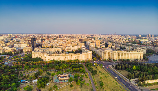 Aerial view of Bucharest city at sunset