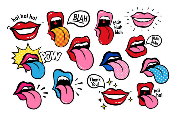 Youth lips stickers, patches in 70's 80's, pop art vector art illustration