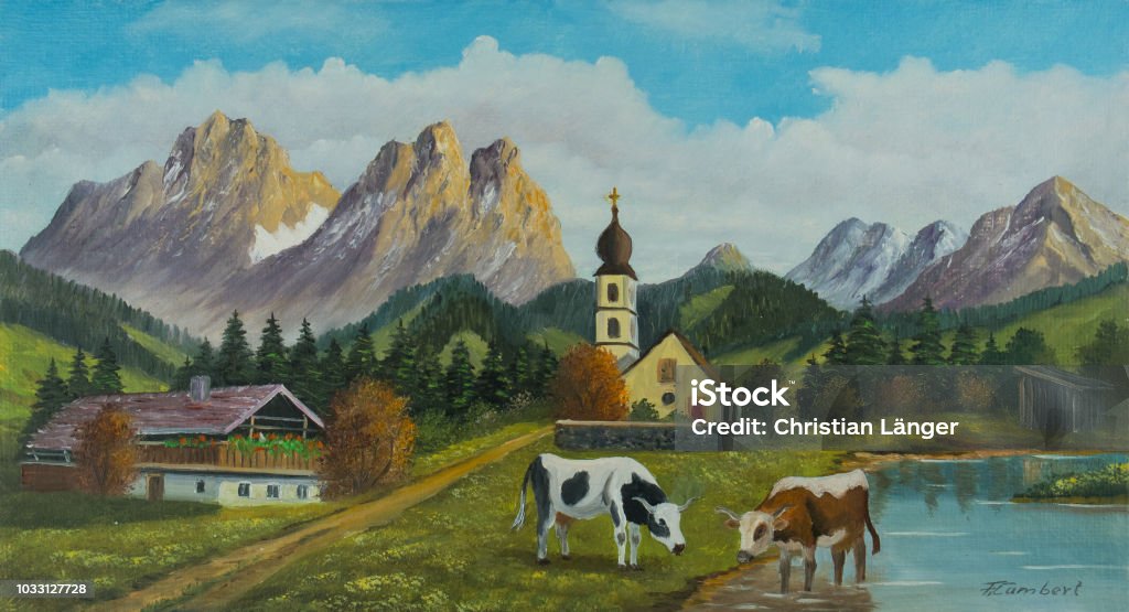 Kirche Und Ein Bauernhaus Vor Bergkulisse Stock Vektor Art und mehr Bilder  von Gemälde - Gemälde, Malen, Deutschland - iStock