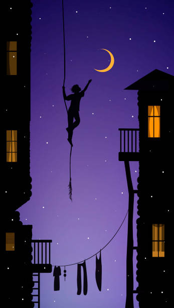 illustrazioni stock, clip art, cartoni animati e icone di tendenza di ragazzo appeso alla corda e toccando la luna, catturare il sogno in città, vettore - cleaning silhouette people residential district