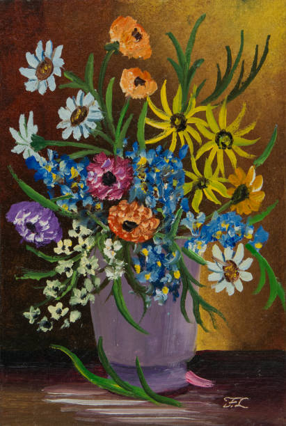 istock Several colorful flowers at the table in a purple vase 1033127960