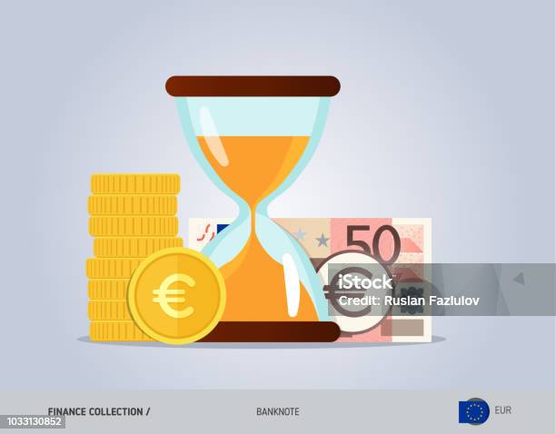 Hourglass With 50 Euro Banknote And Coins Flat Style Vector Illustration Time And Business Concept Stock Illustration - Download Image Now