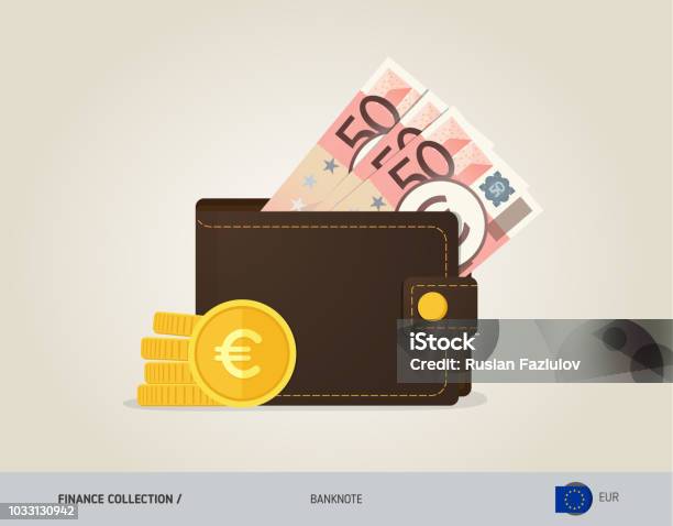 Brown Leather Wallet With 50 Euro Banknote And Coins Flat Style Vector Illustration Business Concept Stock Illustration - Download Image Now